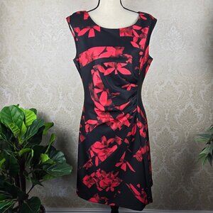 Karl Lagerfeld Sz 14 Black Red Floral Print Sheath Dress Sleeveless Ruched Front